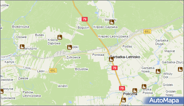 mapa Ponikwa gmina Garbatka-Letnisko, Ponikwa gmina Garbatka-Letnisko na mapie Targeo