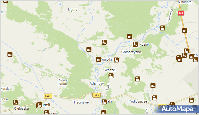 mapa Popiołki gmina Turośl, Popiołki gmina Turośl na mapie Targeo