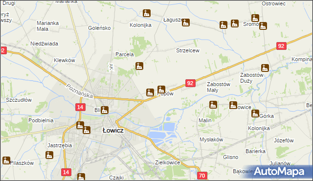 mapa Popów gmina Łowicz, Popów gmina Łowicz na mapie Targeo