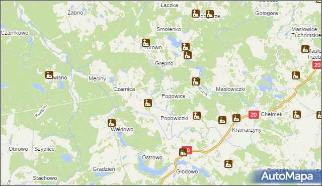 mapa Popowice gmina Miastko, Popowice gmina Miastko na mapie Targeo
