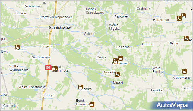 mapa Porąb gmina Stanisławów, Porąb gmina Stanisławów na mapie Targeo