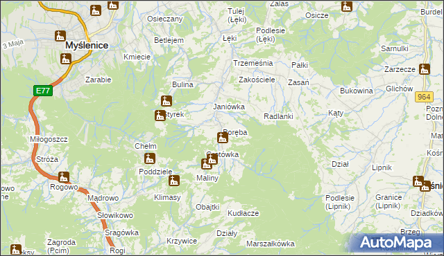 mapa Poręba gmina Myślenice, Poręba gmina Myślenice na mapie Targeo