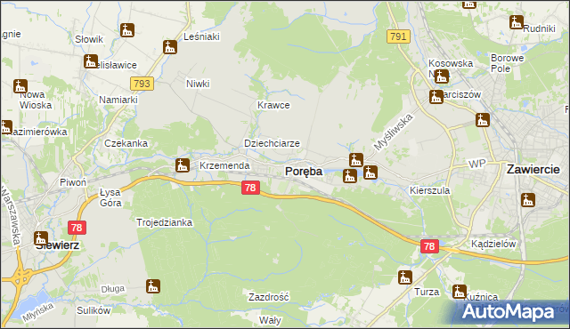 mapa Poręba powiat zawierciański, Poręba powiat zawierciański na mapie Targeo