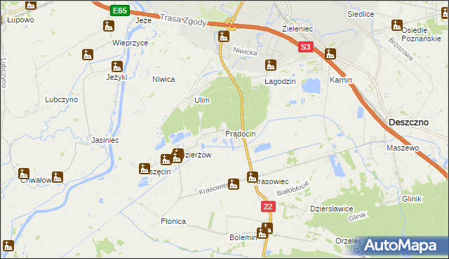 mapa Prądocin gmina Deszczno, Prądocin gmina Deszczno na mapie Targeo