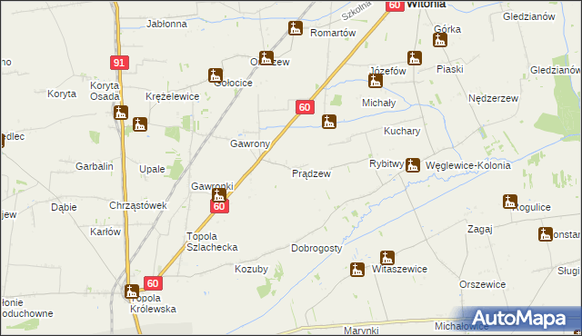 mapa Prądzew gmina Łęczyca, Prądzew gmina Łęczyca na mapie Targeo