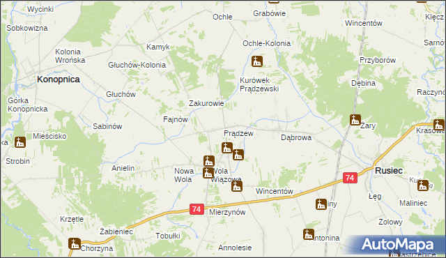 mapa Prądzew gmina Rusiec, Prądzew gmina Rusiec na mapie Targeo