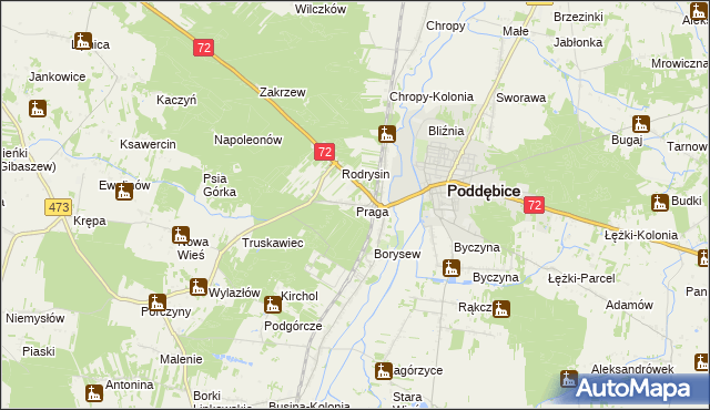 mapa Praga gmina Poddębice, Praga gmina Poddębice na mapie Targeo