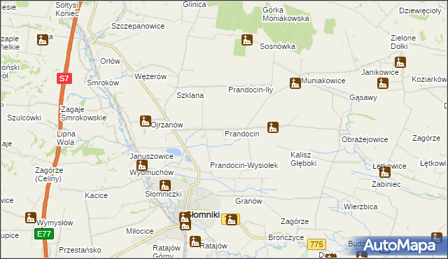 mapa Prandocin gmina Słomniki, Prandocin gmina Słomniki na mapie Targeo