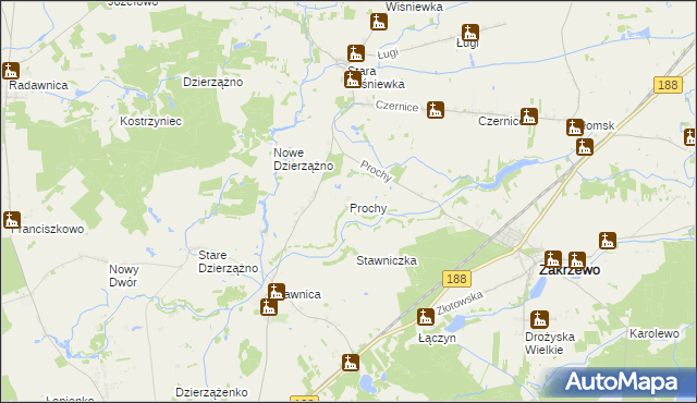 mapa Prochy gmina Zakrzewo, Prochy gmina Zakrzewo na mapie Targeo