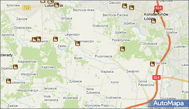 mapa Prusinowice gmina Lutomiersk, Prusinowice gmina Lutomiersk na mapie Targeo