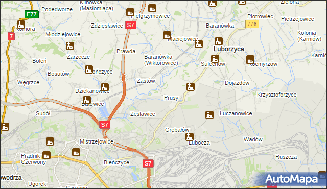 mapa Prusy gmina Kocmyrzów-Luborzyca, Prusy gmina Kocmyrzów-Luborzyca na mapie Targeo