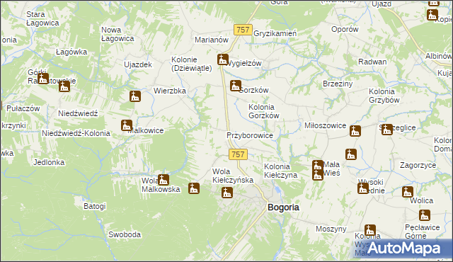 mapa Przyborowice gmina Bogoria, Przyborowice gmina Bogoria na mapie Targeo