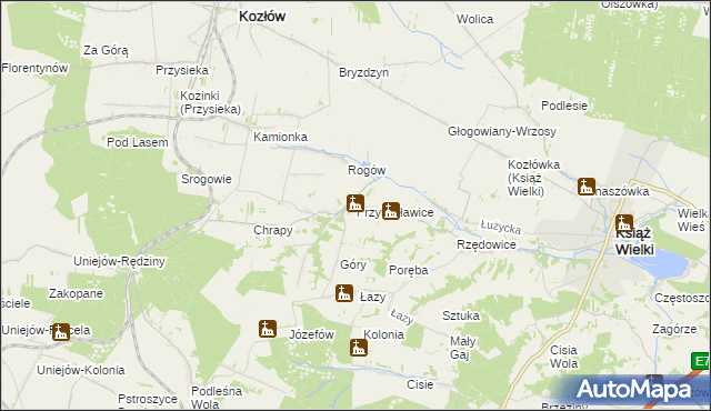 mapa Przybysławice gmina Kozłów, Przybysławice gmina Kozłów na mapie Targeo