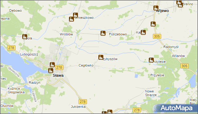 mapa Przybyszów gmina Sława, Przybyszów gmina Sława na mapie Targeo