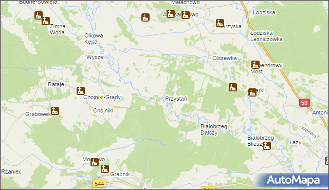 mapa Przystań gmina Olszewo-Borki, Przystań gmina Olszewo-Borki na mapie Targeo