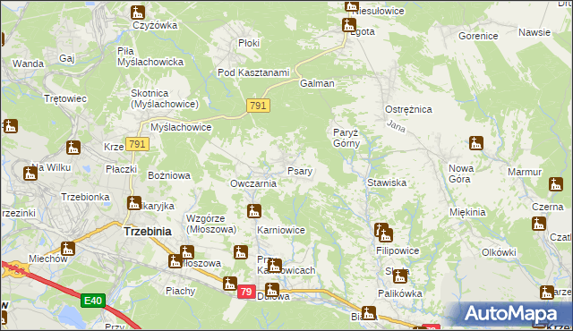 mapa Psary gmina Trzebinia, Psary gmina Trzebinia na mapie Targeo