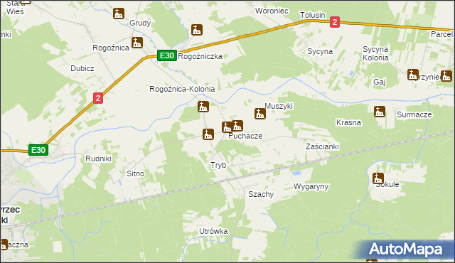 mapa Puchacze gmina Międzyrzec Podlaski, Puchacze gmina Międzyrzec Podlaski na mapie Targeo