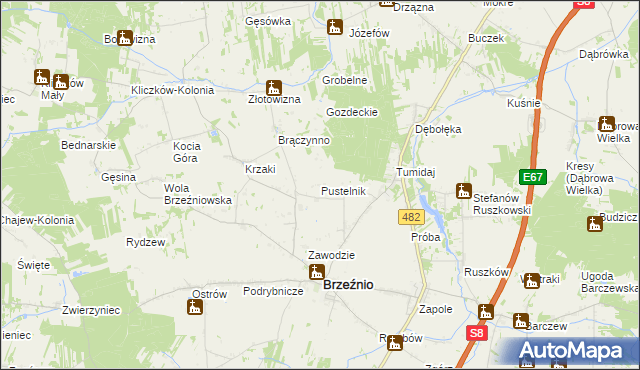 mapa Pustelnik gmina Brzeźnio, Pustelnik gmina Brzeźnio na mapie Targeo