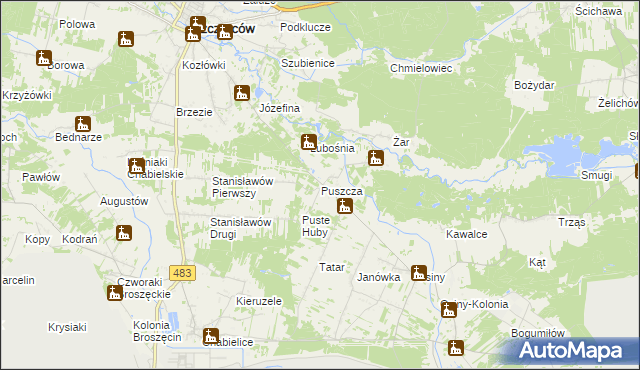 mapa Puszcza gmina Szczerców, Puszcza gmina Szczerców na mapie Targeo