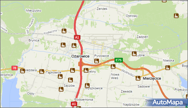 mapa Pyrzowice, Pyrzowice na mapie Targeo