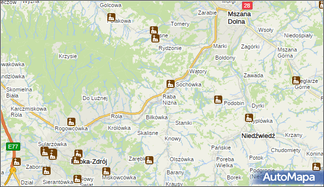 mapa Raba Niżna, Raba Niżna na mapie Targeo