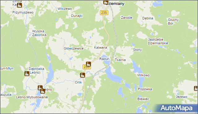 mapa Raduń gmina Dziemiany, Raduń gmina Dziemiany na mapie Targeo