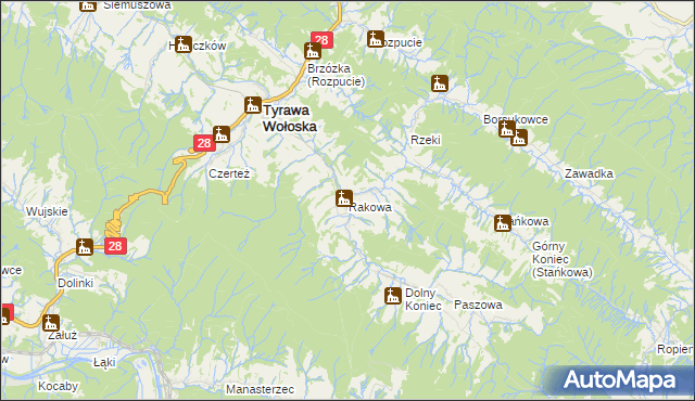 mapa Rakowa gmina Tyrawa Wołoska, Rakowa gmina Tyrawa Wołoska na mapie Targeo