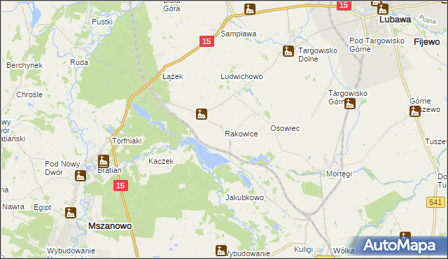 mapa Rakowice gmina Lubawa, Rakowice gmina Lubawa na mapie Targeo