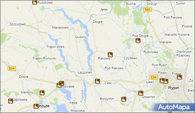 mapa Rakowo gmina Rypin, Rakowo gmina Rypin na mapie Targeo
