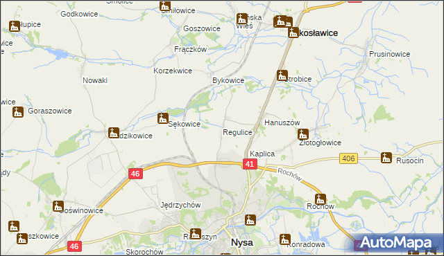 mapa Regulice gmina Nysa, Regulice gmina Nysa na mapie Targeo