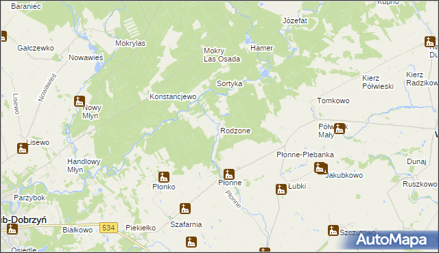 mapa Rodzone gmina Radomin, Rodzone gmina Radomin na mapie Targeo