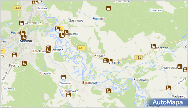 mapa Rogalin gmina Mosina, Rogalin gmina Mosina na mapie Targeo