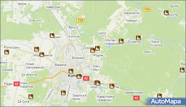 mapa Rogów gmina Końskie, Rogów gmina Końskie na mapie Targeo
