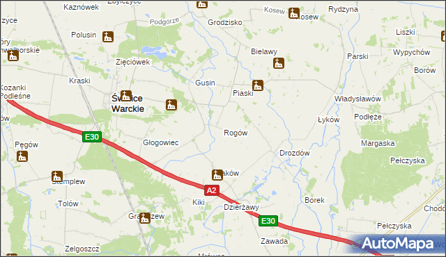 mapa Rogów gmina Świnice Warckie, Rogów gmina Świnice Warckie na mapie Targeo