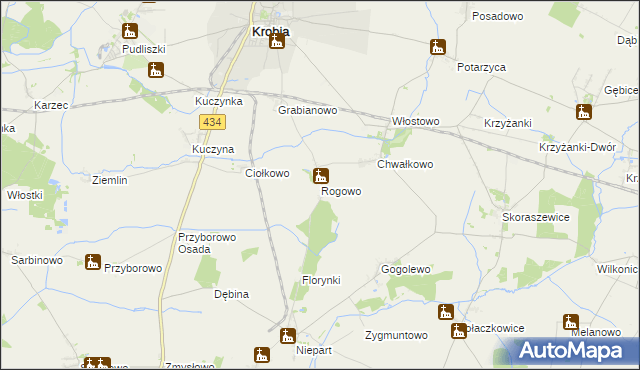 mapa Rogowo gmina Krobia, Rogowo gmina Krobia na mapie Targeo