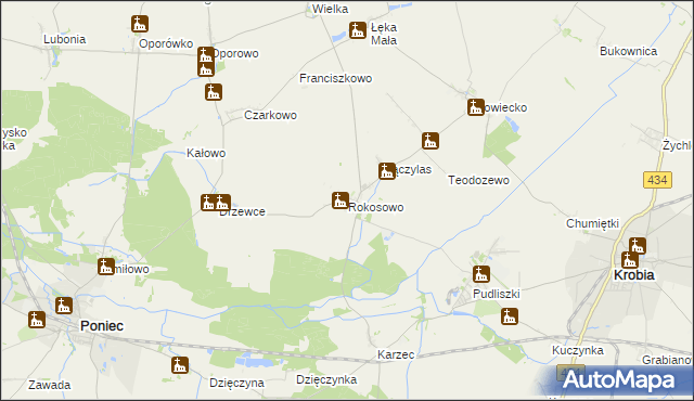 mapa Rokosowo gmina Poniec, Rokosowo gmina Poniec na mapie Targeo