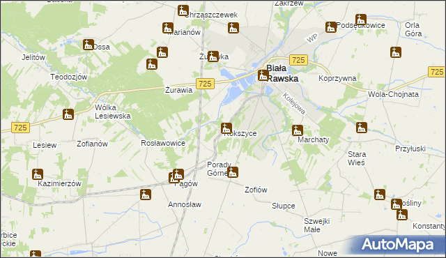 mapa Rokszyce gmina Biała Rawska, Rokszyce gmina Biała Rawska na mapie Targeo