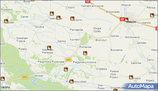 mapa Romanów gmina Błaszki, Romanów gmina Błaszki na mapie Targeo