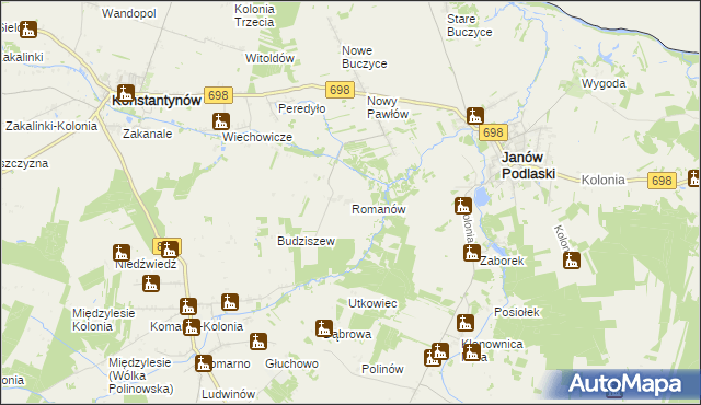 mapa Romanów gmina Janów Podlaski, Romanów gmina Janów Podlaski na mapie Targeo