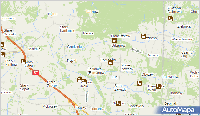 mapa Romanów gmina Jedlińsk, Romanów gmina Jedlińsk na mapie Targeo