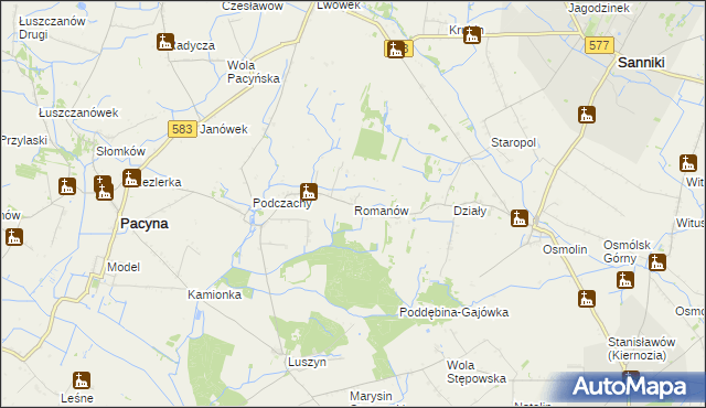 mapa Romanów gmina Pacyna, Romanów gmina Pacyna na mapie Targeo