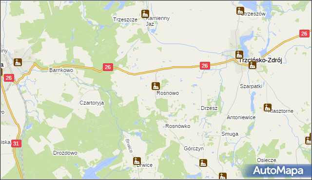 mapa Rosnowo gmina Trzcińsko-Zdrój, Rosnowo gmina Trzcińsko-Zdrój na mapie Targeo