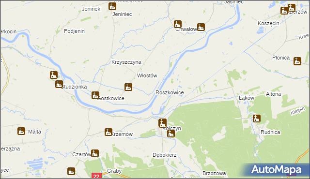 mapa Roszkowice gmina Bogdaniec, Roszkowice gmina Bogdaniec na mapie Targeo