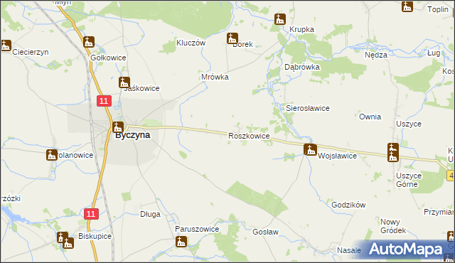 mapa Roszkowice gmina Byczyna, Roszkowice gmina Byczyna na mapie Targeo