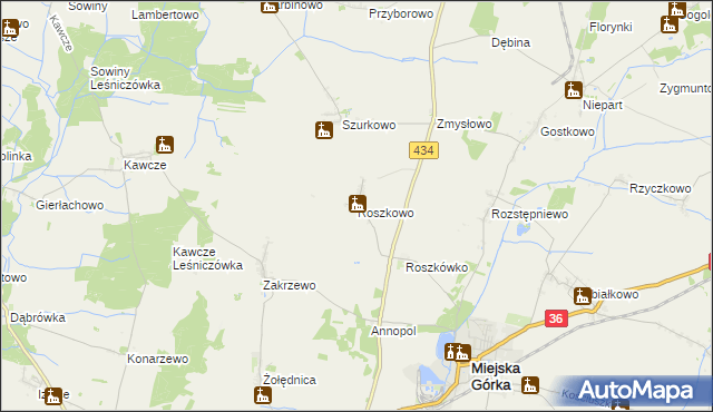 mapa Roszkowo gmina Miejska Górka, Roszkowo gmina Miejska Górka na mapie Targeo