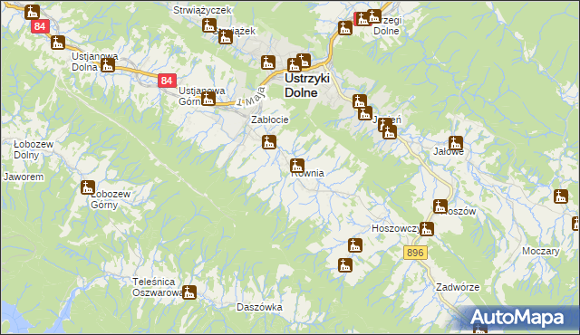 mapa Równia gmina Ustrzyki Dolne, Równia gmina Ustrzyki Dolne na mapie Targeo