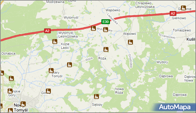 mapa Róża gmina Nowy Tomyśl, Róża gmina Nowy Tomyśl na mapie Targeo