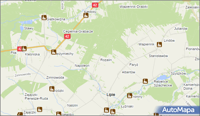 mapa Rozalin gmina Lipie, Rozalin gmina Lipie na mapie Targeo