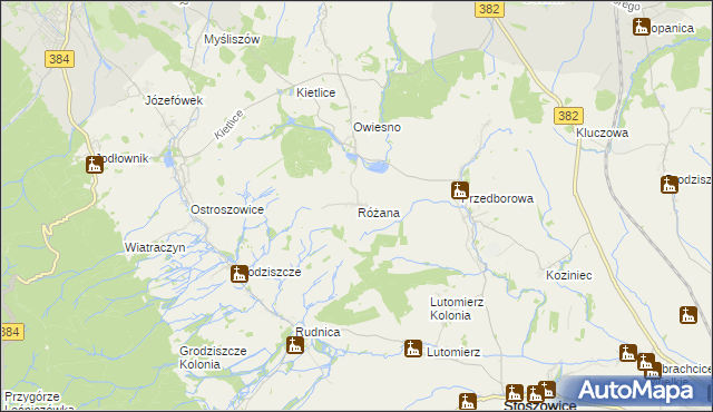 mapa Różana gmina Stoszowice, Różana gmina Stoszowice na mapie Targeo