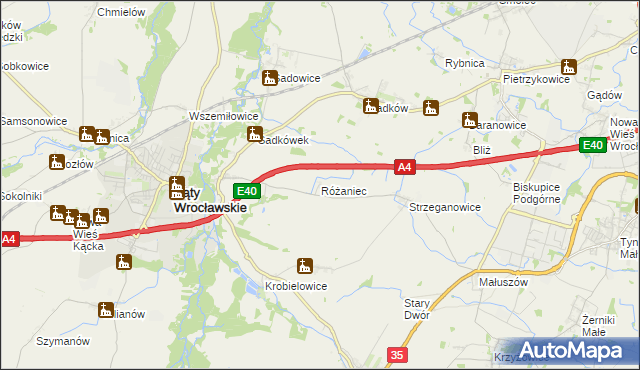 mapa Różaniec gmina Kąty Wrocławskie, Różaniec gmina Kąty Wrocławskie na mapie Targeo